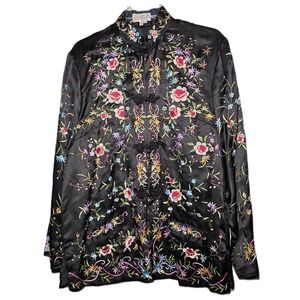 Esme Vintage 100% Silk Embroidered Boho Floral Jacket With Pockets Size Large